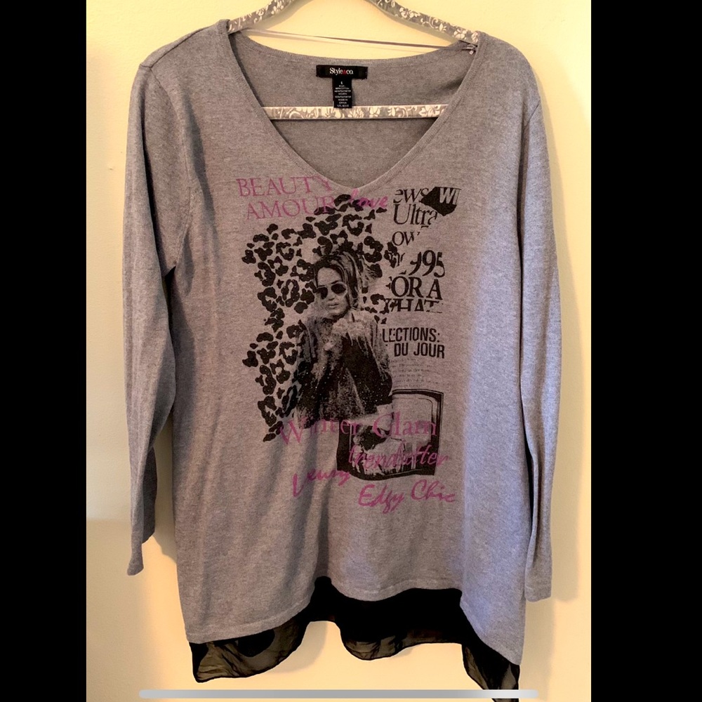 Style & Co Gray Winter Glam Graphic Tiered Tunic